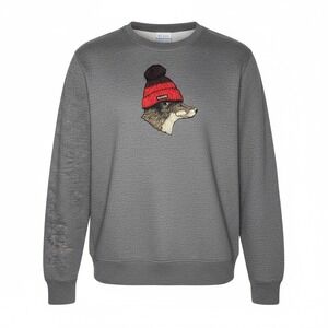 Vintage Graphic Columbia Crewneck Sweatshirt Gray Wolf in Beanie Boys Girls Kids